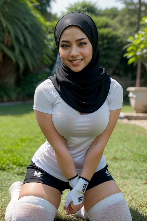 RAW, Best quality, high resolution, Masterpiece: 1.3), Beautiful malay woman in rugby outfit wearing shawl style hijab, non naked, wearing jersey outfit, flawless face, cute face, pretty malay face, beautiful white teeth, Masterpiece, Perfect plump body, full body, sexy rugby outfit, tight big breasts, short hair, ((wearing black shawl style hijab, wide and long hijab)), covered in cum, soaked in semen, beautiful big eyes, watery eyes, Soft smile, smiling, breezy, skin details, skin texture details, wide hips, thick thighs, sexy plump body, morning time, happy, bright sunshine, at football field, blurred background, bokeh, ((white, black and grey outfit, wearing baggy rugby jersey shirt short sleeves, wearing black handsocks, wearing tight shorts, wearing black long socks, wearing sweater)), ((Kneeling, spreading legs, sexy legs)), ((holding a dildo, shoving into her vagina)), ((wearing long black gloves))