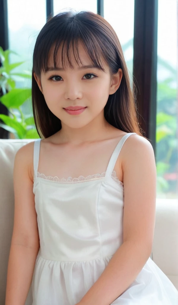 8k, masterpiece, cute, very pretty, Indonesian-Chinese, age 10, ((preteen)), pale skin, Innocent face, cute face, juvenile physique, beautiful body, Calm Eyes, White camisole dress, Her clothes are transparent and her skin is visible, adorable, blushing, pretty, flawless, Anatomically Correct, shy, embarrassed, Looking at the viewer, show off her cuteness