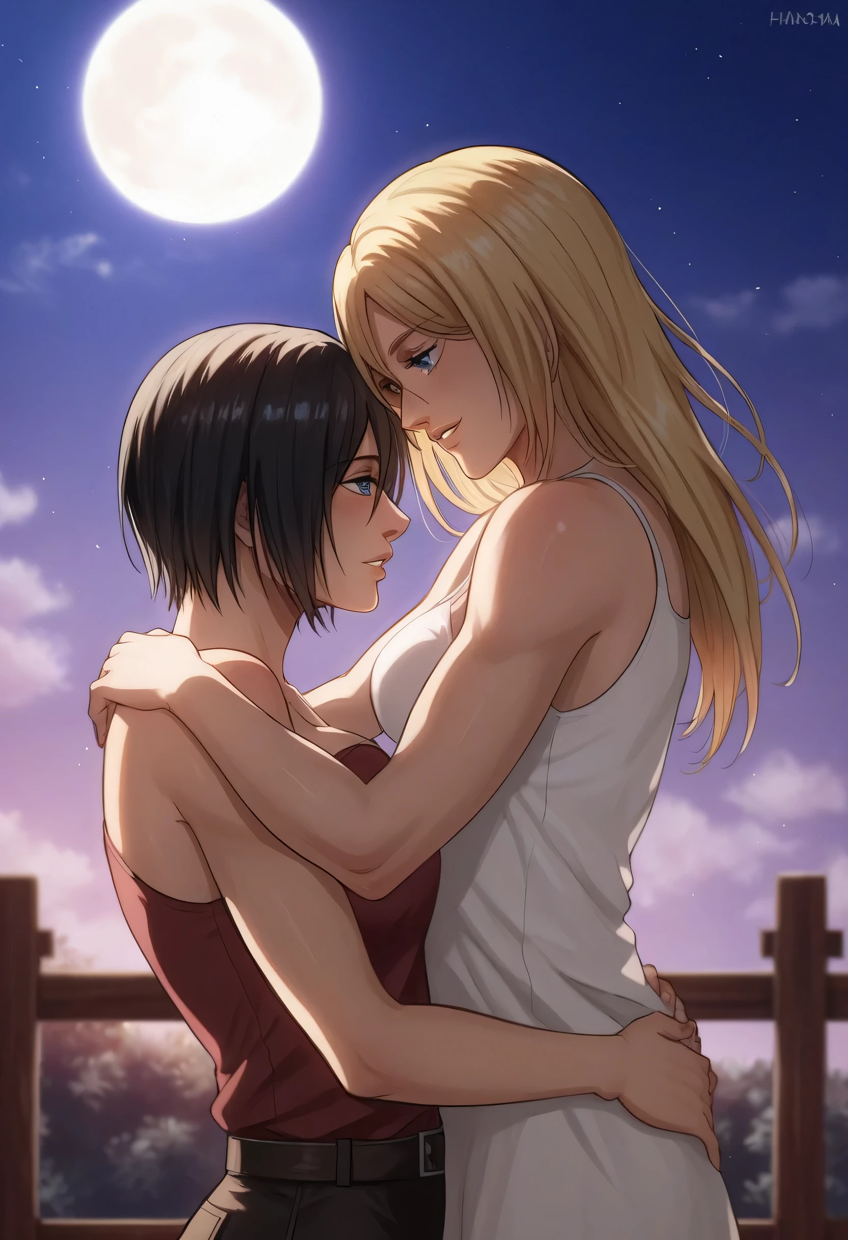 score_9, score_8_up, score_7_up, BREAK source_anime, historia reiss, blue eyes, blonde hair, long hair, medium breasts, short white dress sleeveless,female black hair soldier hugs historia,Mikasa with historia hugs,mikasa wreanig black sport bra and black combat pants,Mikasa female with short hair,mikasa female medium breasts,smiles and laughs ,in night,moon in sky,mikasa final season,mikasa,Mikasa hugs historia،mikasa femboy,mikasa final season,historia blonde hair,hugs and carrying,mikasa carrying historia and hugs her,Mikasa lifts Historia up and hugs her.in middle night,lesbians,girl ×girl,yuri,romantic yuri,mikasa handsome female,historia beautiful female, historia carrying between mikasa hands,Touching fronts,teeth out with smile 