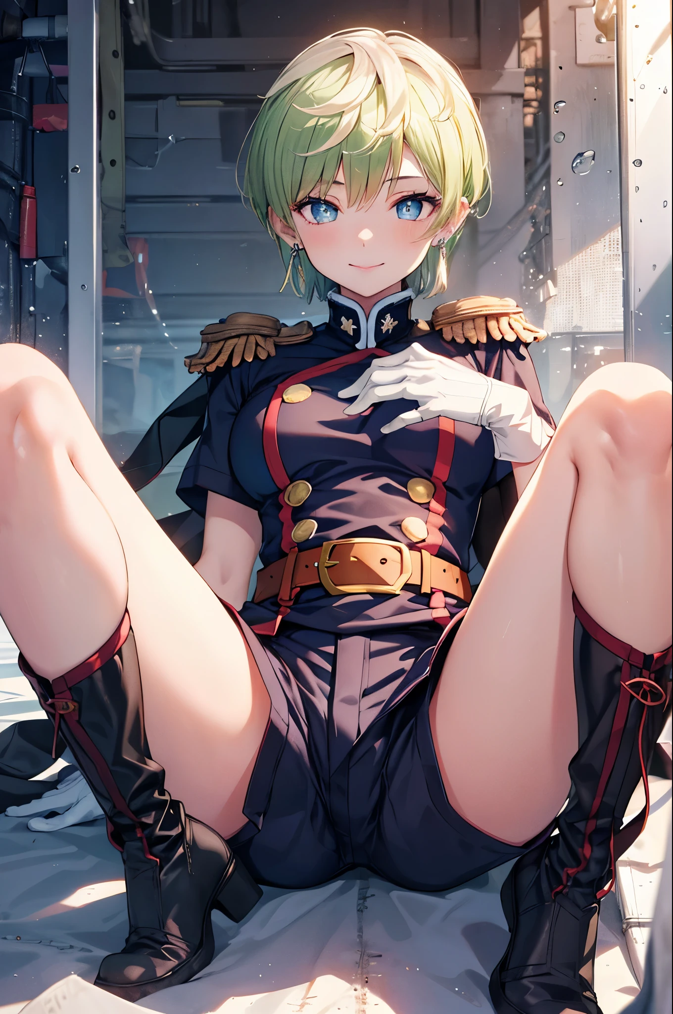 TenkaIzumo, 1girl, solo, green hair, earrings, blonde hair, blue eyes, breasts, green hair, multicolored hair,short hair, gloves, shorts, epaulettes, belt, black shorts, white gloves, uniform, short shorts, thigh boots, (upper body:1.3),sitting,smile,(spread legs:1.3),(legs up),masterpiece,Noise Reduction,perfect anatomy,high resolution, ultra-detailed, ultra-detailed face,game cg,dutch angle ,beautiful detailed eyes,visualart,five fingers, perfect hands, perfect lighting, sparkling pupils,