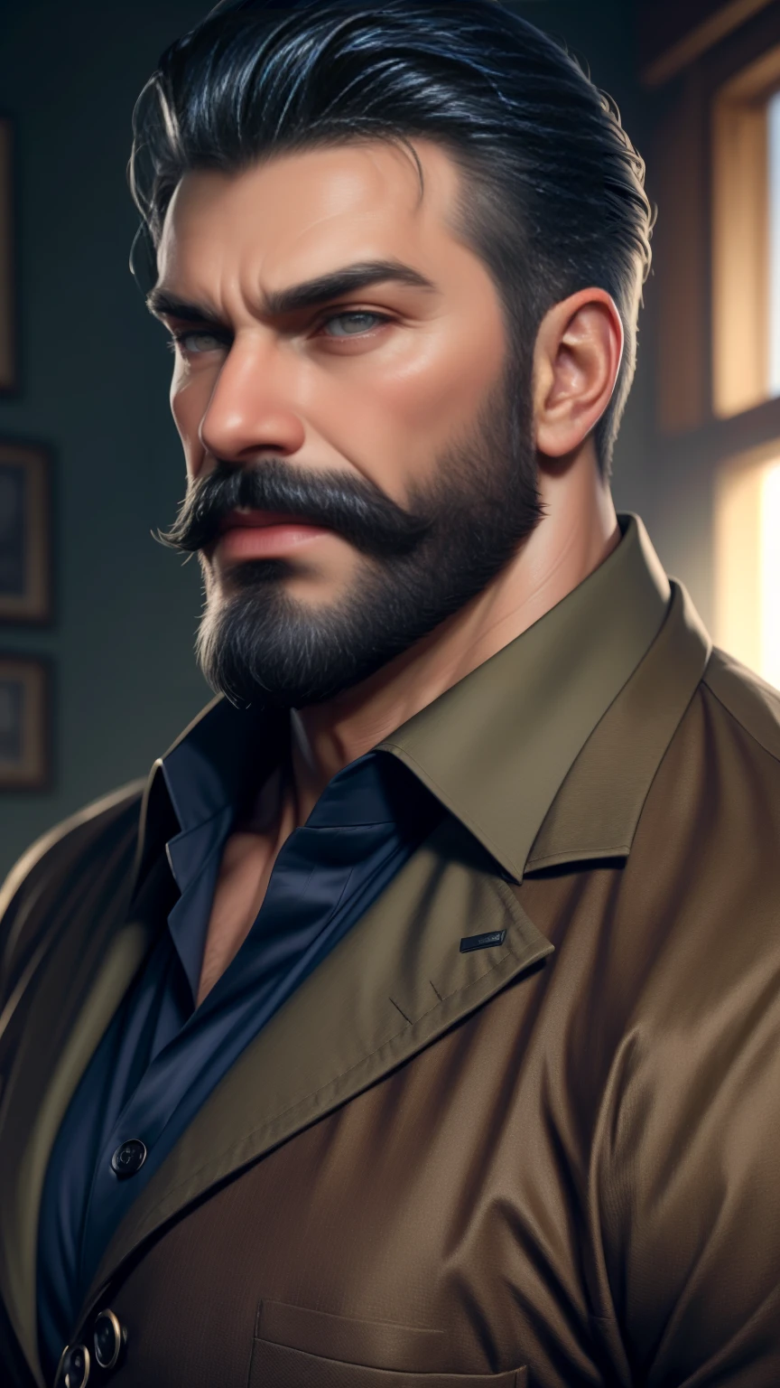 a muscular man, middle-aged, 56 y.o, quiff hairstyle, dark blue hair, dark blue mustache, dark blue beard, beige blouse, dark brown khaki trousers, handsome face, detailed eyes, nose and lips, 8k, high quality, photorealistic, dramatic lighting, cinematic