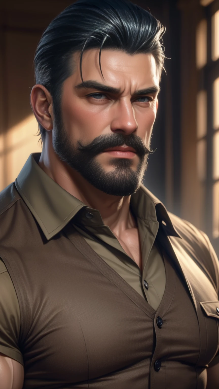 a muscular man, middle-aged, 56 y.o, quiff hairstyle, dark blue hair, dark blue mustache, dark blue beard, beige blouse, dark brown khaki trousers, handsome face, detailed eyes, nose and lips, 8k, high quality, photorealistic, dramatic lighting, cinematic