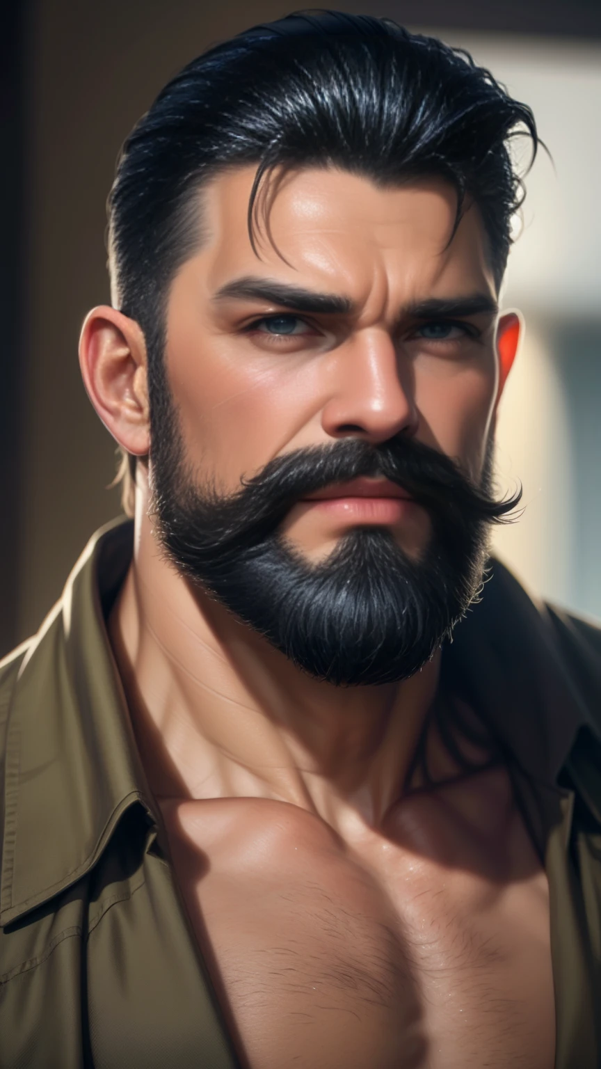 a muscular man, middle-aged, 56 y.o, quiff hairstyle, dark blue hair, dark blue mustache, dark blue beard, beige blouse, dark brown khaki trousers, handsome face, detailed eyes, nose and lips, 8k, high quality, photorealistic, dramatic lighting, cinematic