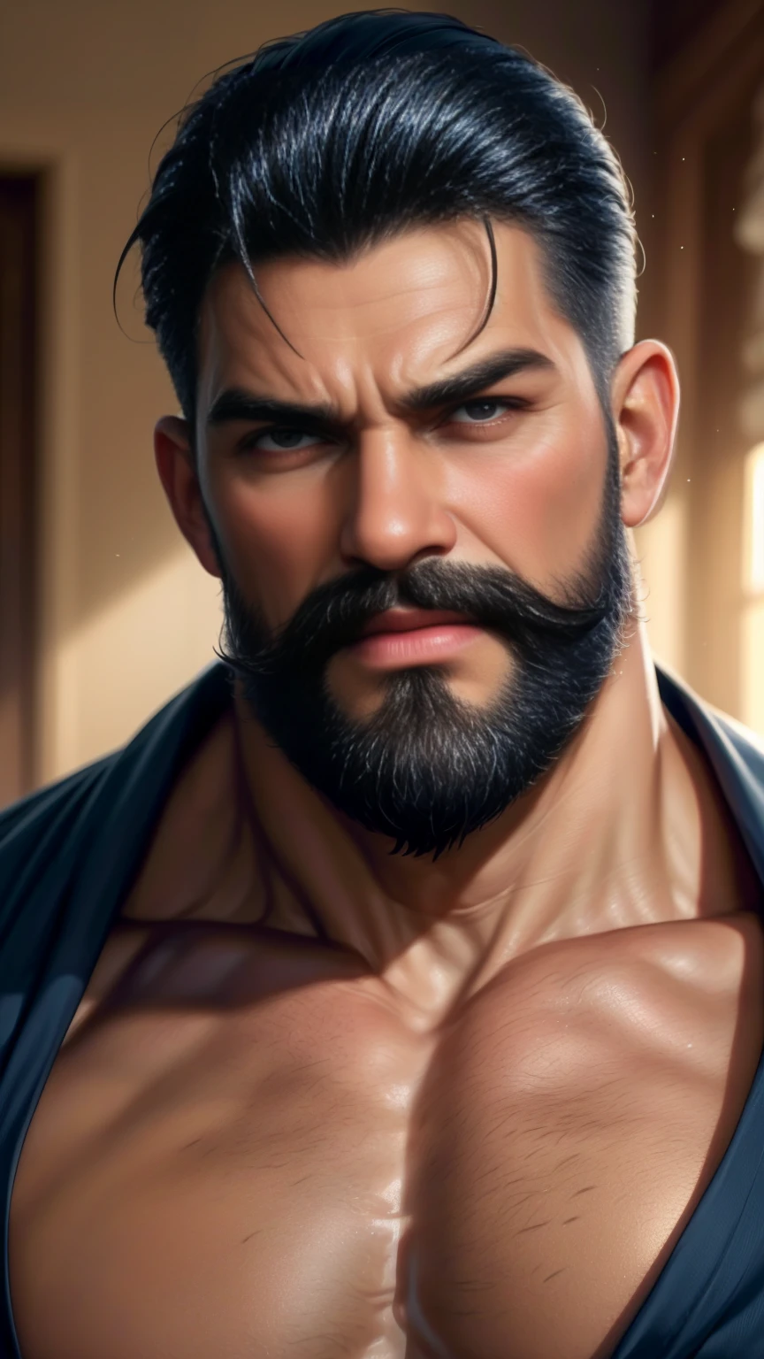 a muscular man, middle-aged, 56 y.o, quiff hairstyle, dark blue hair, dark blue mustache, dark blue beard, beige blouse, dark brown khaki trousers, handsome face, detailed eyes, nose and lips, 8k, high quality, photorealistic, dramatic lighting, cinematic