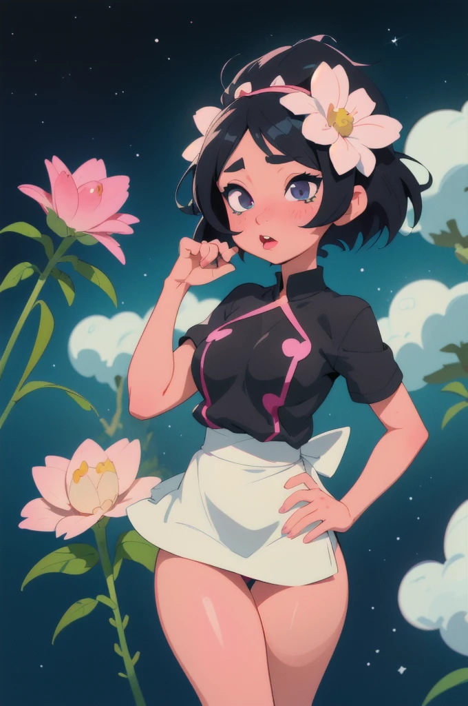 Anime character (big) in a white apron and black hair, Azur Line Style, fleet series style, pixiv 3dcg, ahegao, flower crown, anime moe art style, do videogame Azur Route, oppai biomechanics, highest rated on Pixiv, best quality, 8K HD, space between the thighs, half nude