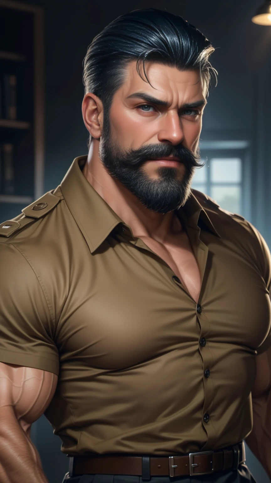 a muscular man, middle-aged, 56 y.o, quiff hairstyle, dark blue hair, dark blue mustache, dark blue beard, beige blouse, dark brown khaki trousers, handsome face, detailed eyes, nose and lips, 8k, high quality, photorealistic, dramatic lighting, cinematic