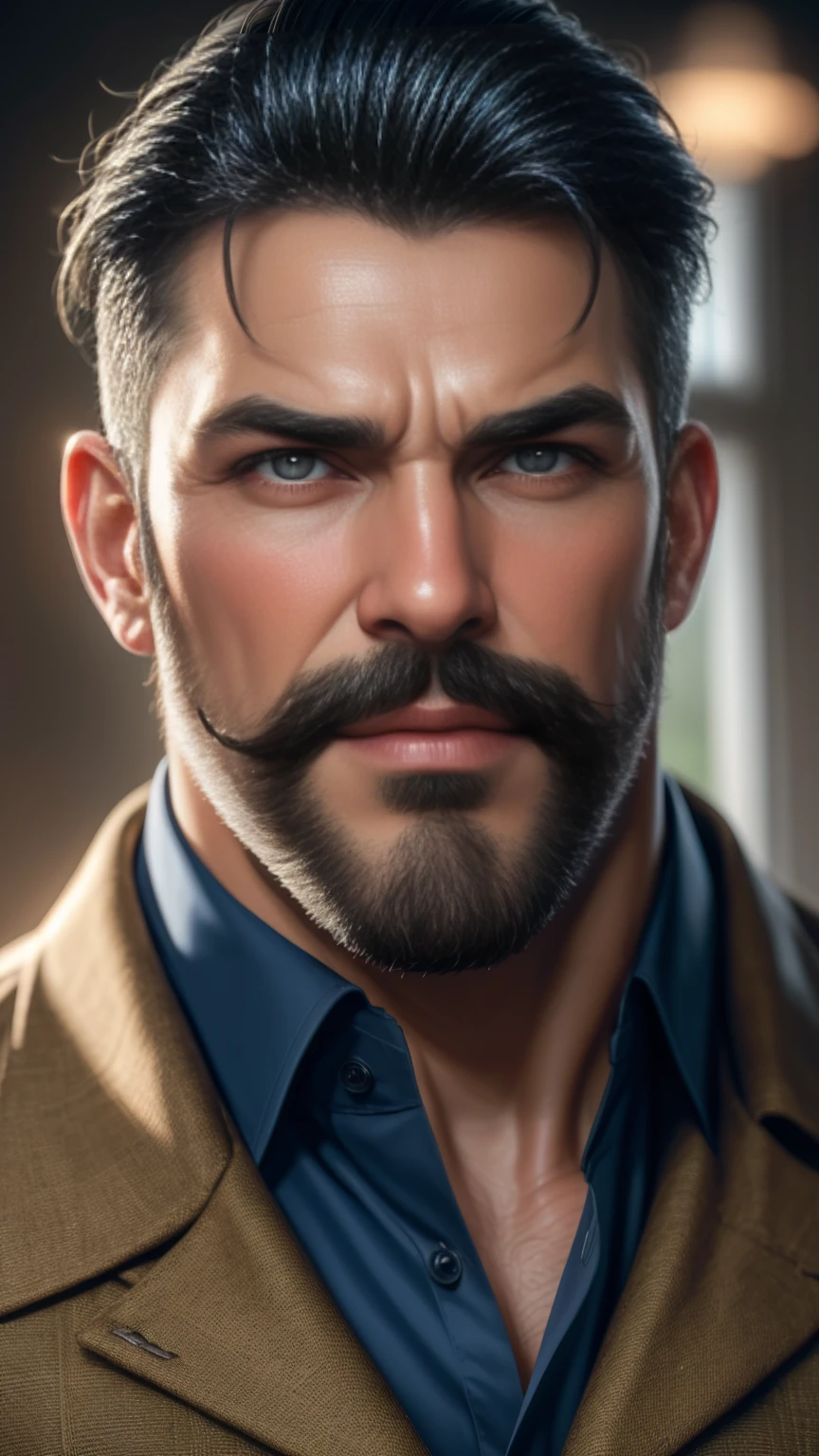 a muscular man, middle-aged, 56 y.o, quiff hairstyle, dark blue hair, dark blue mustache, dark blue beard, beige blouse, dark brown khaki trousers, handsome face, detailed eyes, nose and lips, 8k, high quality, photorealistic, dramatic lighting, cinematic