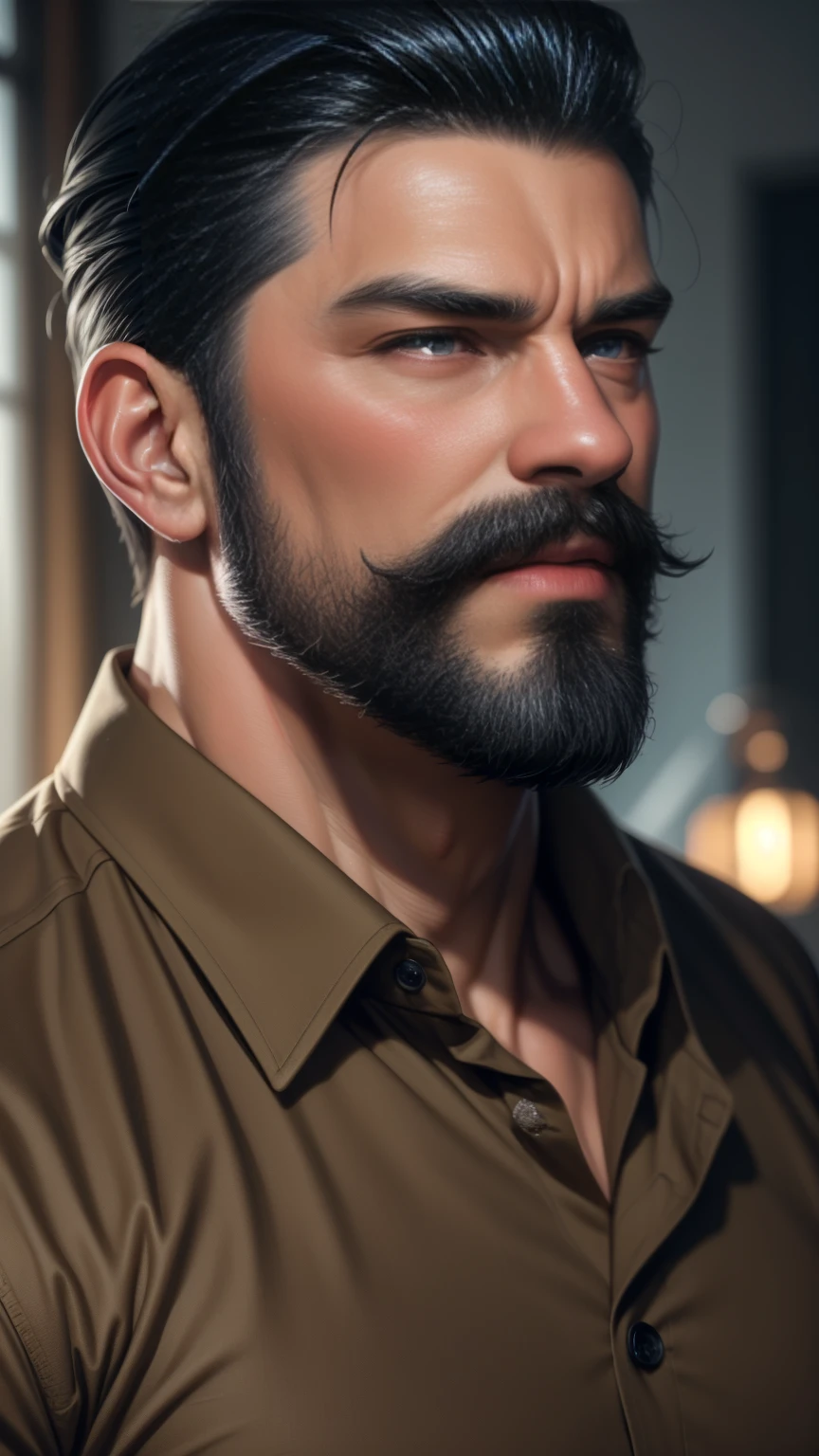 a muscular man, middle-aged, 56 y.o, quiff hairstyle, dark blue hair, dark blue mustache, dark blue beard, beige blouse, dark brown khaki trousers, handsome face, detailed eyes, nose and lips, 8k, high quality, photorealistic, dramatic lighting, cinematic