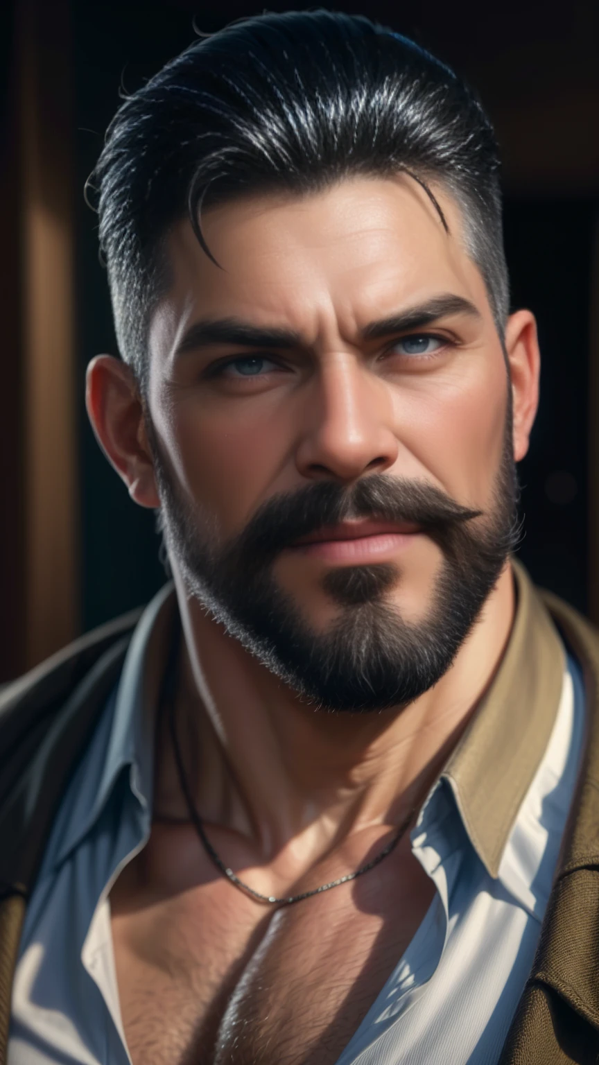 a muscular man, middle-aged, 56 y.o, quiff hairstyle, dark blue hair, dark blue mustache, dark blue beard, beige blouse, dark brown khaki trousers, handsome face, detailed eyes, nose and lips, 8k, high quality, photorealistic, dramatic lighting, cinematic