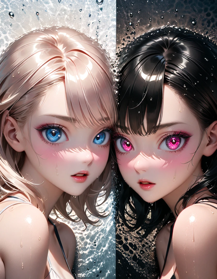 (Best Quality, 4K, 8K, hight resolution, masutepiece:1.2), Pink hair、bobhair、her breasts are beautiful and big。you are twins。There are twin faces in the close-up。twins kiss。