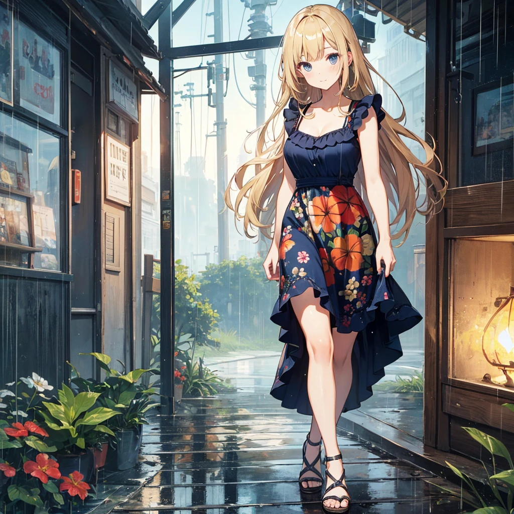 (8k, super high quality, masterpiece), (detailed), One Woman, cute, Small breasts, blonde, Navy Blue Dress, Floral, Hawaiian Dress, Sandals, whole body, rain, Don&#39;t use an umbrella, soaked, Childlike, The best smile, Water Drop, My clothes are wet and shining, 