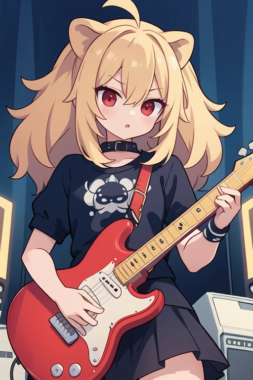 lion girl, punk ****ta, young girl, blond hair, red eyes, with an electric guitar