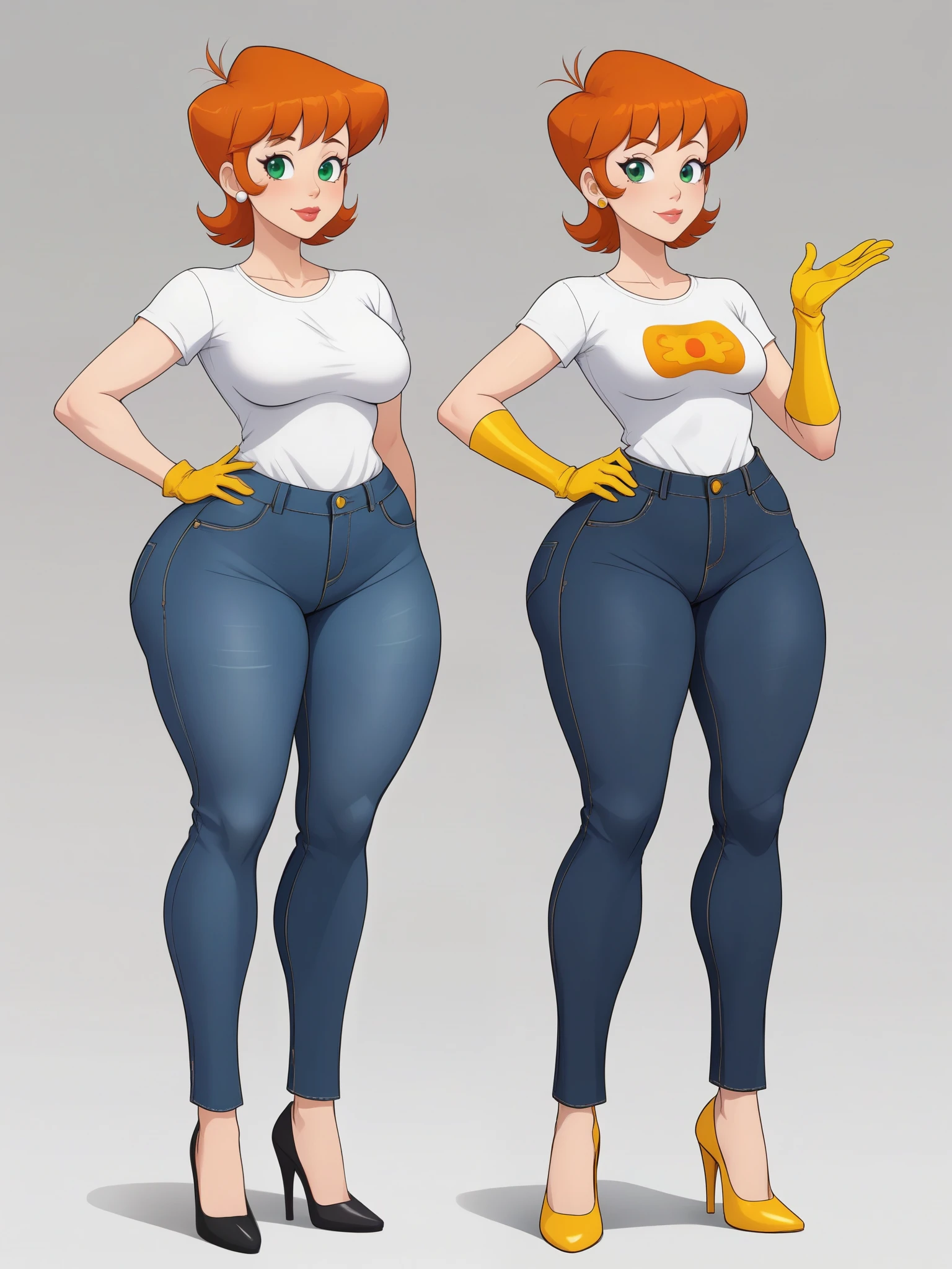 Dexter's mom. short hairstyle. ginger. green eyes. small saggy breasts. huge hips. yellow gloves. shirt. jeans. heels. cafe