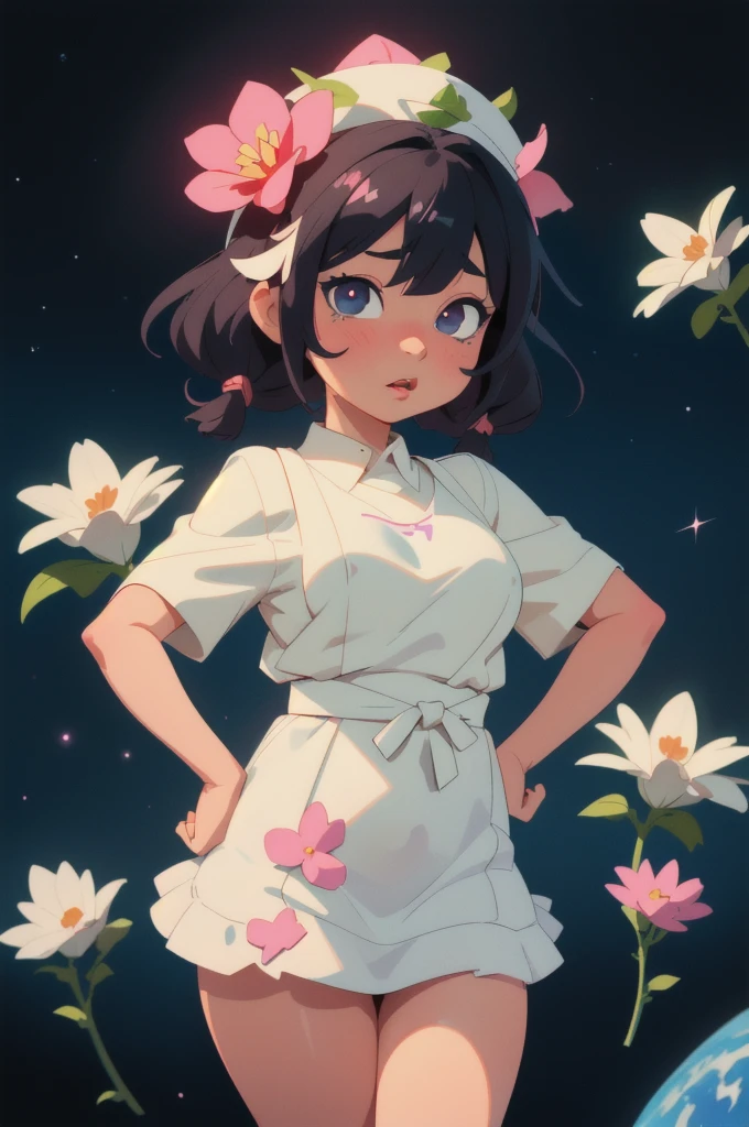 Anime character (big) in a white apron and black hair, Azur Line Style, fleet series style, pixiv 3dcg, ahegao, flower crown, anime moe art style, do videogame Azur Route, oppai biomechanics, highest rated on Pixiv, best quality, 8K HD, space between the thighs, half nude