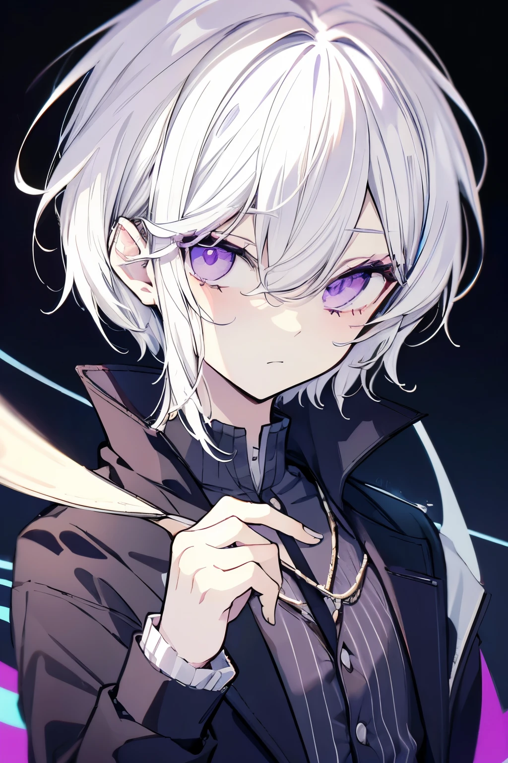 High resolution, Best Quality, masterpiece, Ultra-precision,Character Portrait,1人のmale性,(((male))), solo,adult,Look at, Good looking face,((White Hair)),Hair covering one eye,Straight Hair, Very short hair,((Purple eyes)),Fine slanted eyes,Long eyelashes,Cool look, Black clothing,Slender figure,Simple Background,Concept Art, 