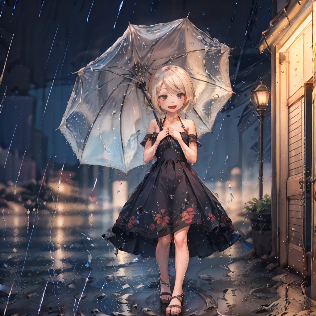 (8k, super high quality, masterpiece), (detailed), One Woman, cute, Small breasts, blonde, Navy Blue Dress, Floral, Hawaiian Dress, Sandals, whole body, rain, Don&#39;t use an umbrella, soaked, Childlike, The best smile, Water Drop, My clothes are wet and shining, 