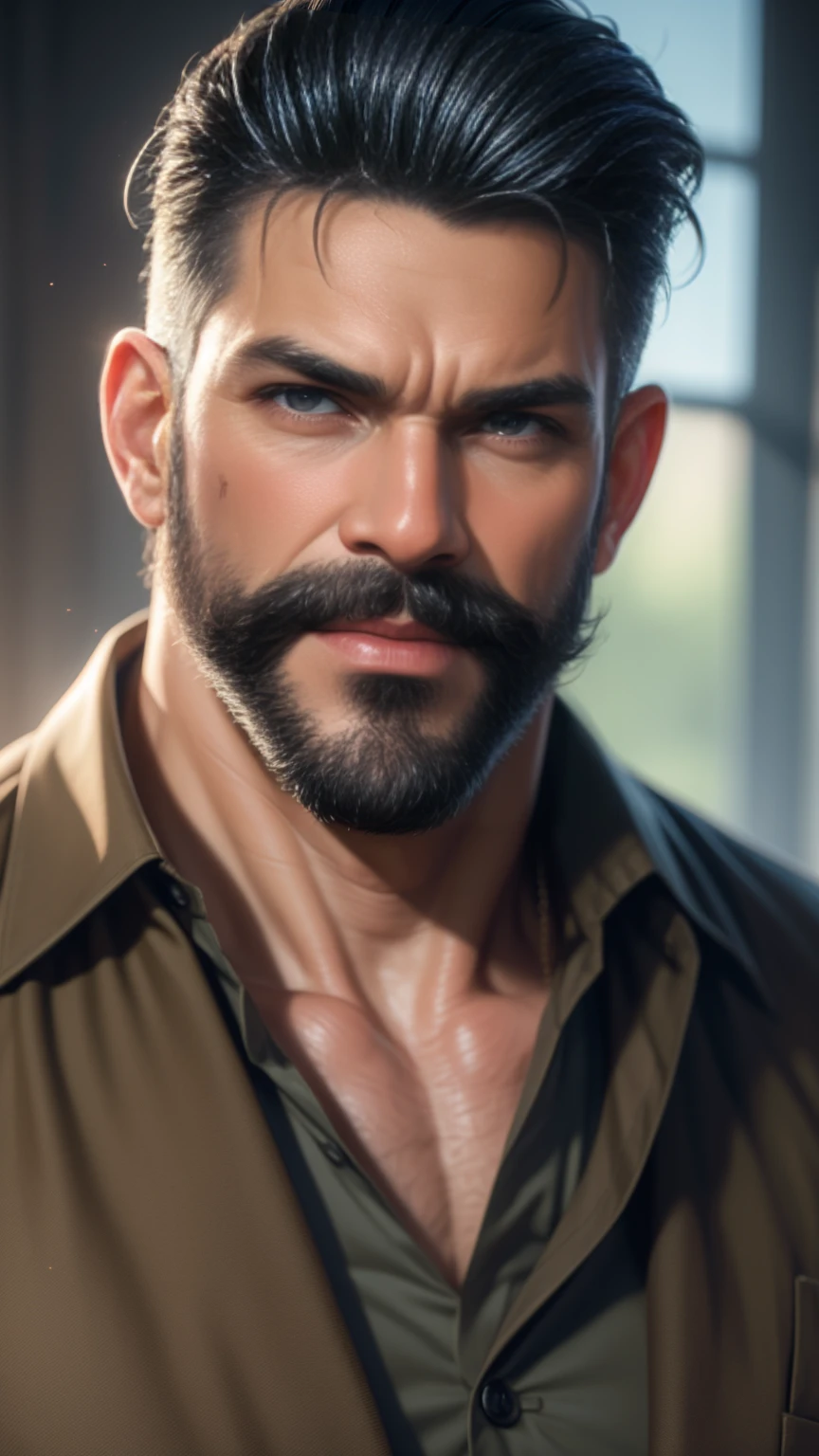 a muscular man, middle-aged, 56 y.o, quiff hairstyle, dark blue hair, dark blue mustache, dark blue beard, beige blouse, dark brown khaki trousers, handsome face, detailed eyes, nose and lips, 8k, high quality, photorealistic, dramatic lighting, cinematic