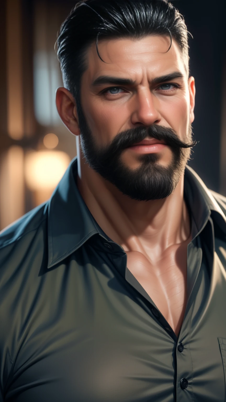 a muscular man, middle-aged, 56 y.o, quiff hairstyle, dark blue hair, dark blue mustache, dark blue beard, beige blouse, dark brown khaki trousers, handsome face, detailed eyes, nose and lips, 8k, high quality, photorealistic, dramatic lighting, cinematic