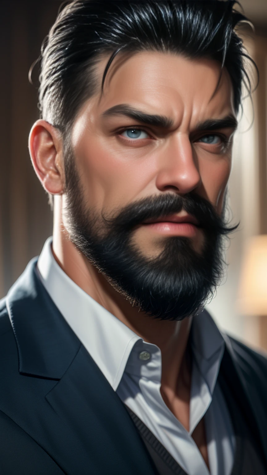 a muscular man, middle-aged, 56 y.o, quiff hairstyle, dark blue hair, dark blue mustache, dark blue beard, beige blouse, dark brown khaki trousers, handsome face, detailed eyes, nose and lips, 8k, high quality, photorealistic, dramatic lighting, cinematic