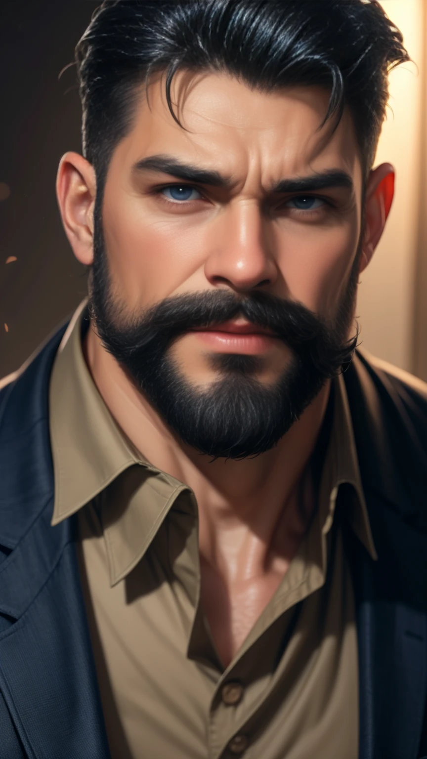 a muscular man, middle-aged, 56 y.o, quiff hairstyle, dark blue hair, dark blue mustache, dark blue beard, beige blouse, dark brown khaki trousers, handsome face, detailed eyes, nose and lips, 8k, high quality, photorealistic, dramatic lighting, cinematic