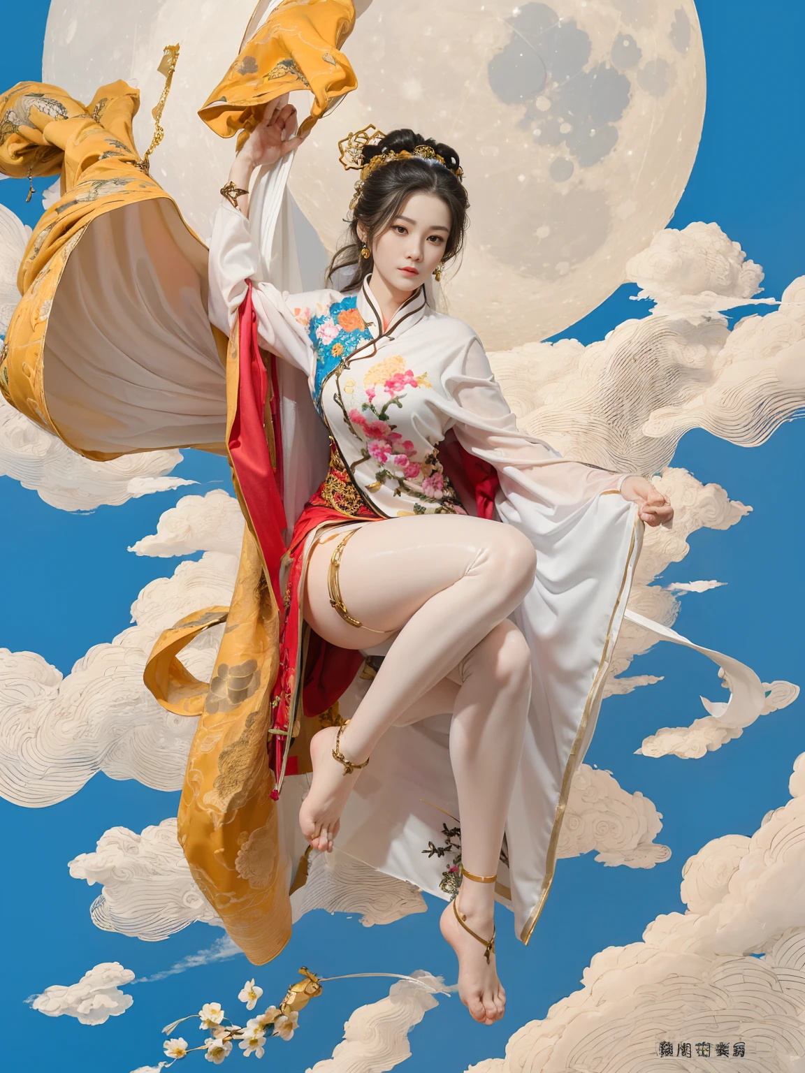 (masterpiece, top quality, best quality, official art, beauty:1.2),（The most detailed and clear facial features：2.0，facial contour：1.0） (1 Chinese goddess:1.5), Very detailed,(Dunhuang艺术:1.1),(Dunhuang，colorful:1.1)(flowers:1.3),most detailed,(Zentangle:1.2), (dynamic posture，Showing thighs:2.0), (Blue sky and white clouds moon background:1.3), (Chinese embroidered Hanfu:1.2), (Spread your legs for shiny skin，Camel toe pubic bone：1.2), (Many colors:1.4), ,(earrings:1.4),