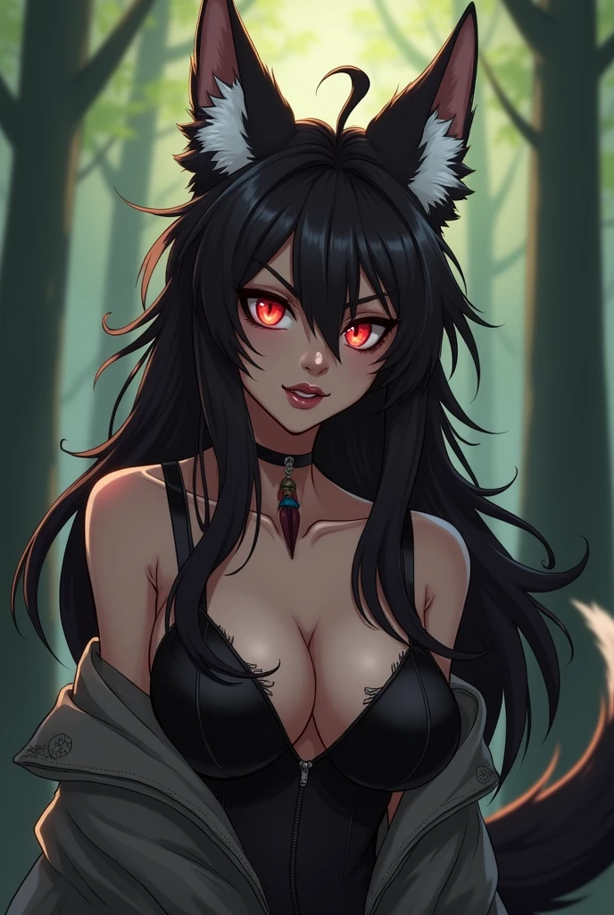 Naked, wolf girl, long dark brown hair, purple eyes, collar,