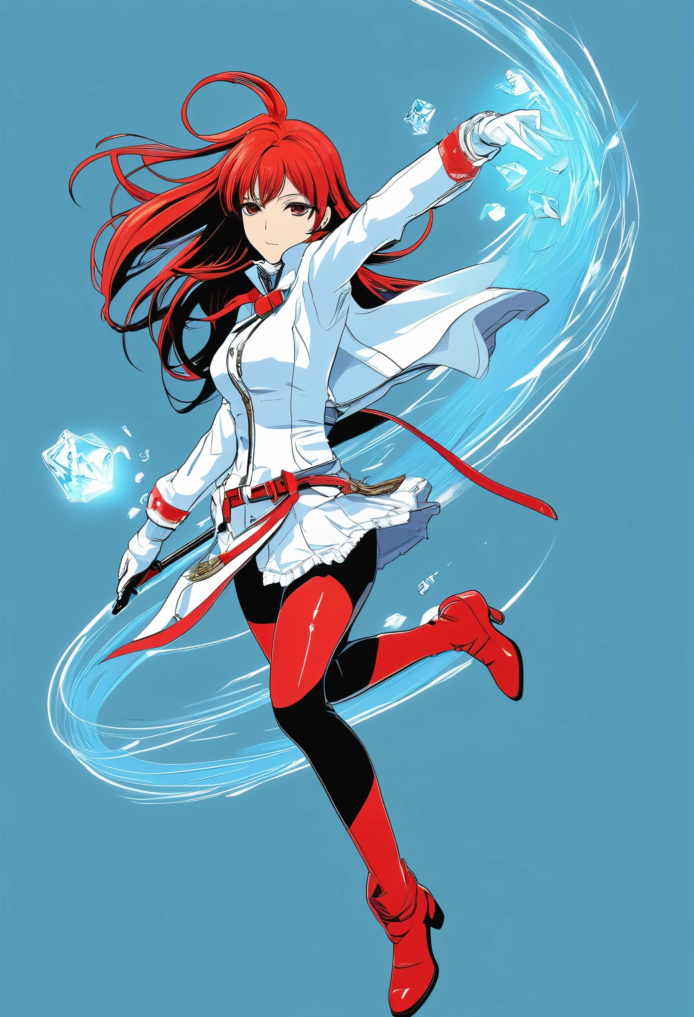 in stephen gamel style ，Ice blue background，garota honoka - dead or alive，(red color line drawing，Minimalist style，white color stroke)，Black background，Everything is illusory，（insubstancial），silhouette，Chemiluminescent girl，dynamic action，long floating hair，