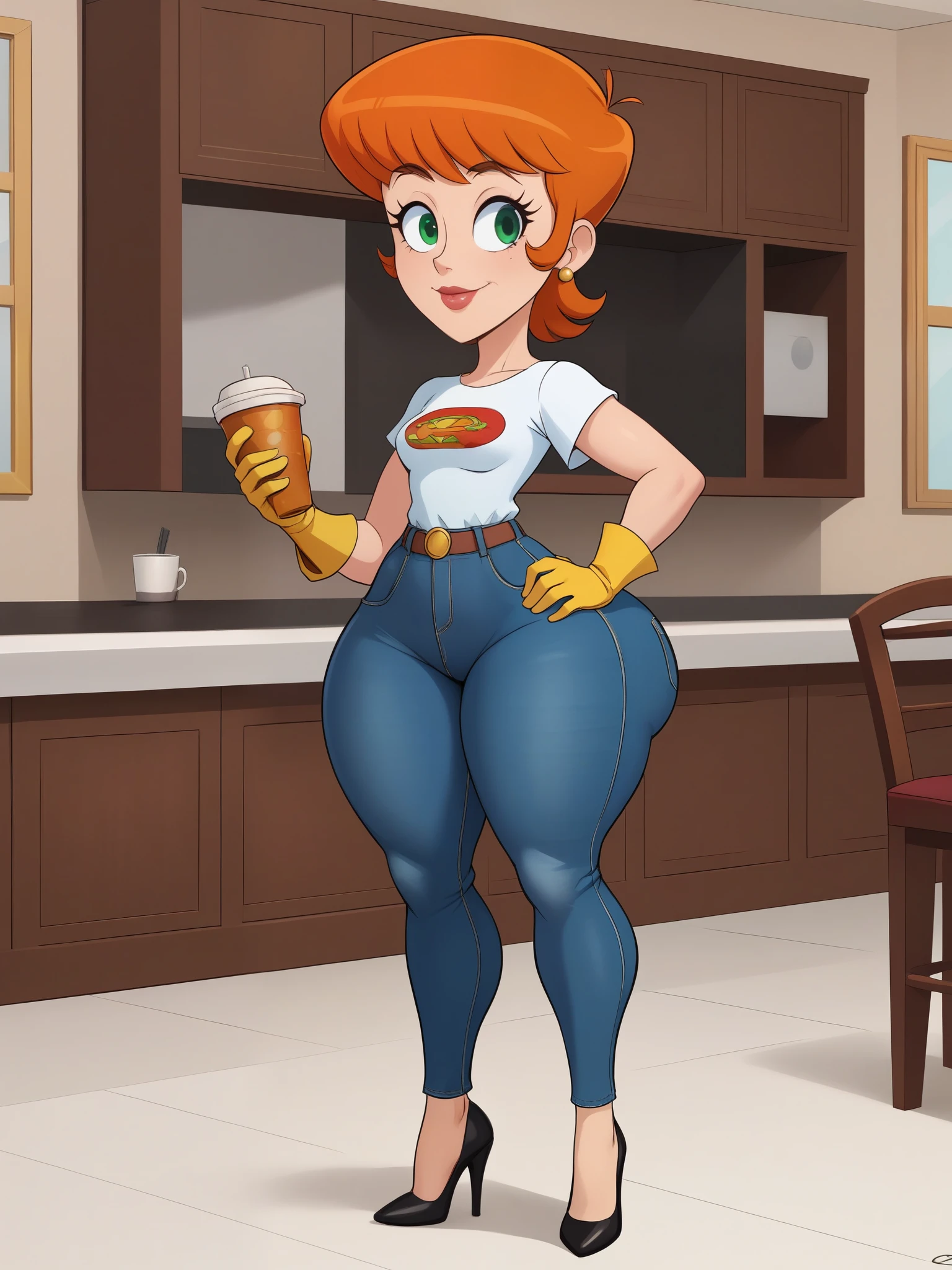 Dexter's mom. short hairstyle. ginger. green eyes. small saggy breasts. huge hips. yellow gloves. shirt. jeans. heels. cafe