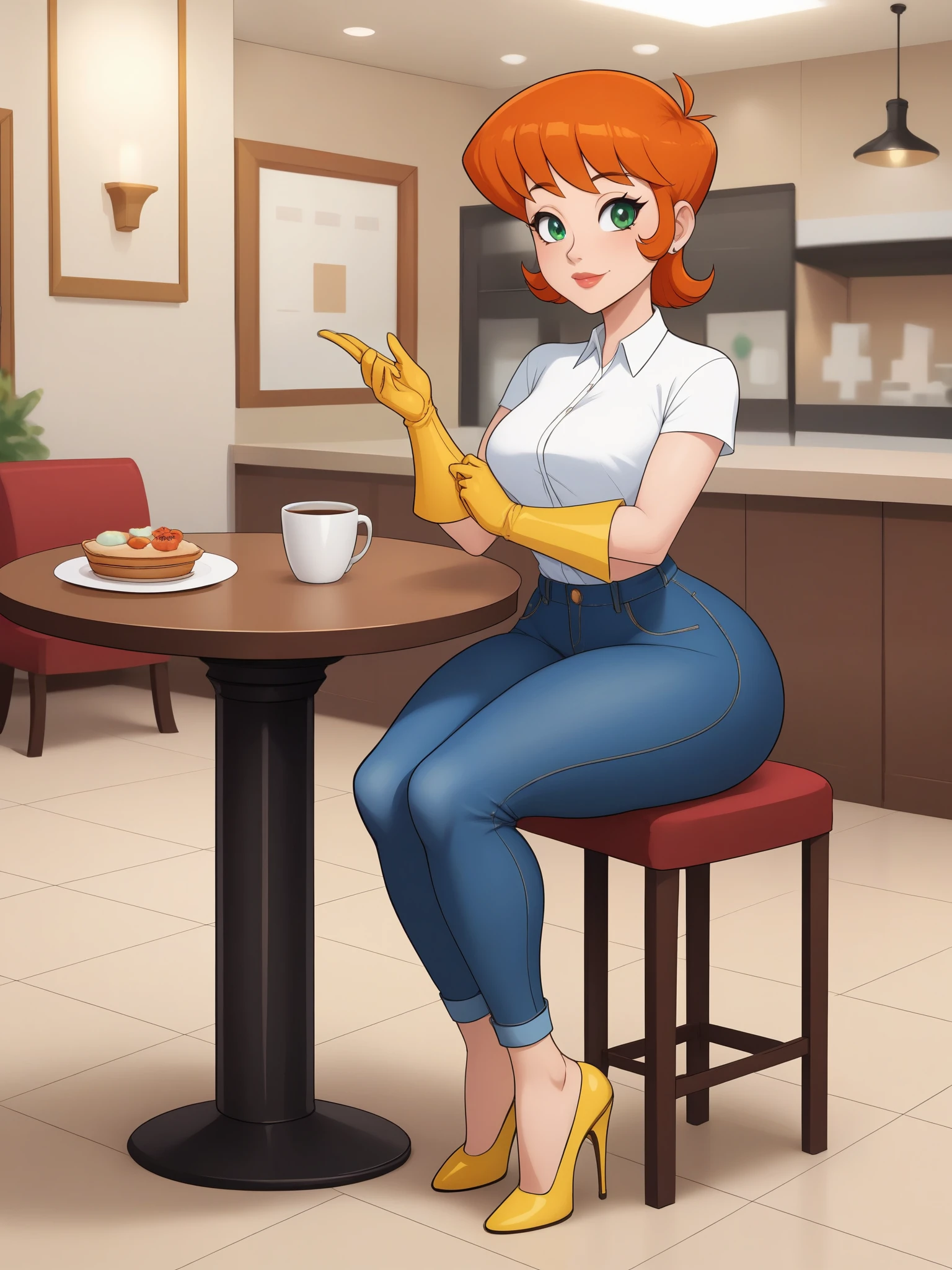 Dexter's mom. short hairstyle. ginger. green eyes. small saggy breasts. huge hips. yellow gloves. shirt. jeans. heels. cafe. sitting