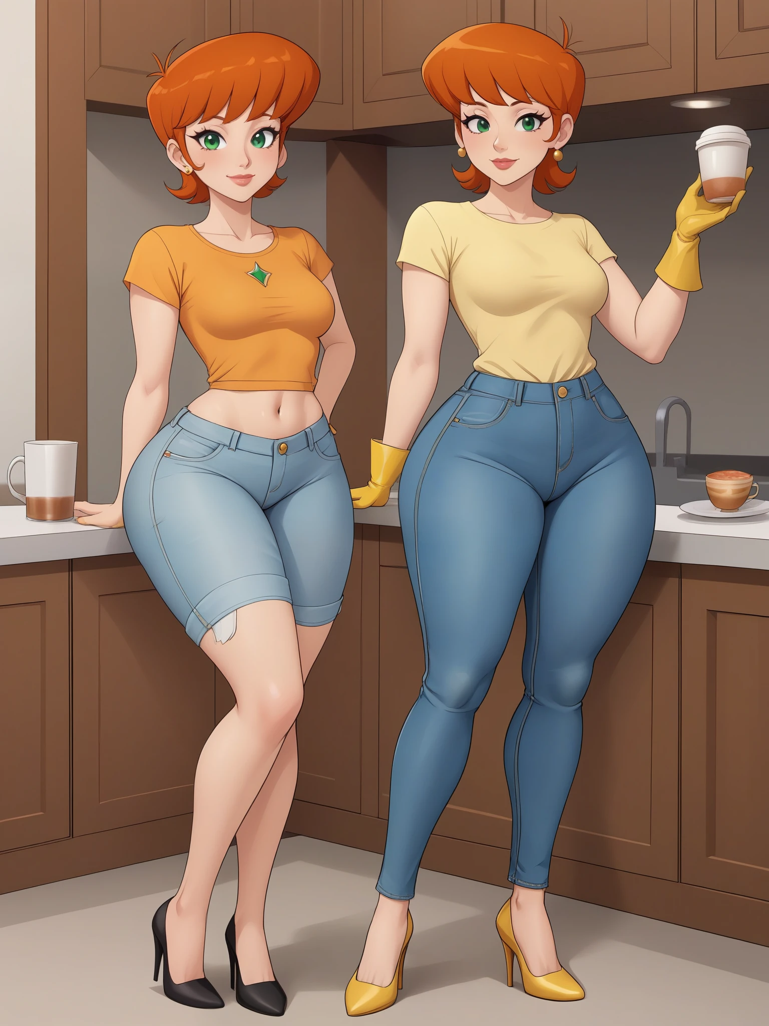 Dexter's mom. short hairstyle. ginger. green eyes. small saggy breasts. huge hips. yellow gloves. shirt. jeans. heels. cafe