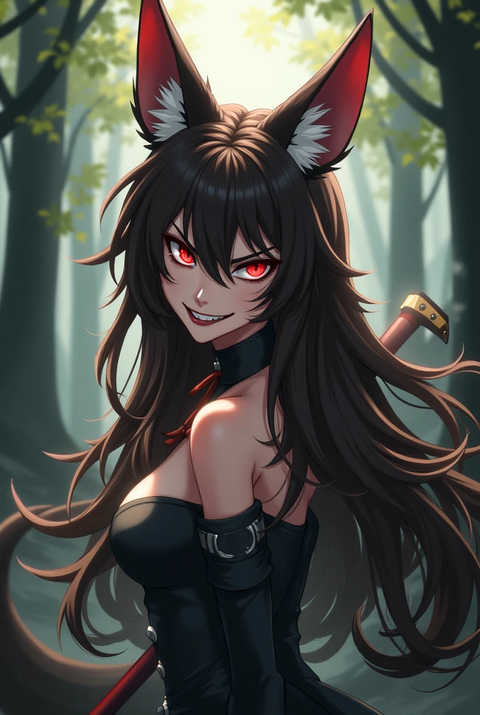 solo, female, huge woman, heavy black mascara, long silky black hair, red eyes, black wolf ears, huge breasts, collar, leash, elegant, kimono, leash, furry claws, close up, forest, bound, tied up, dark, yandere smile, cleavage:0.3, 