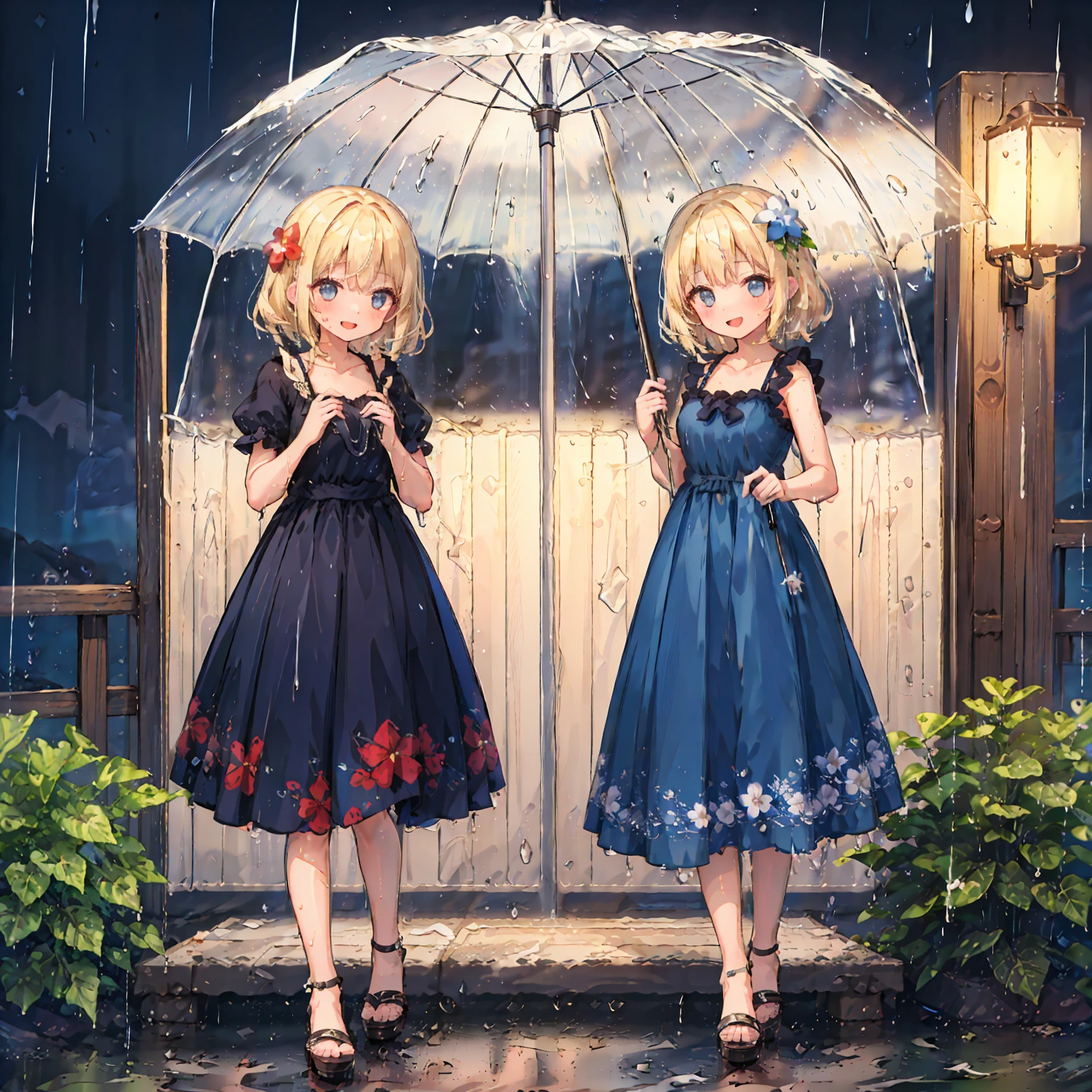 (8k, super high quality, masterpiece), (detailed), One Woman, cute, Small breasts, blonde, Navy Blue Dress, Floral, Hawaiian Dress, Sandals, whole body, rain, Don&#39;t use an umbrella, soaked, Childlike, The best smile, Water Drop, My clothes are wet and shining, 