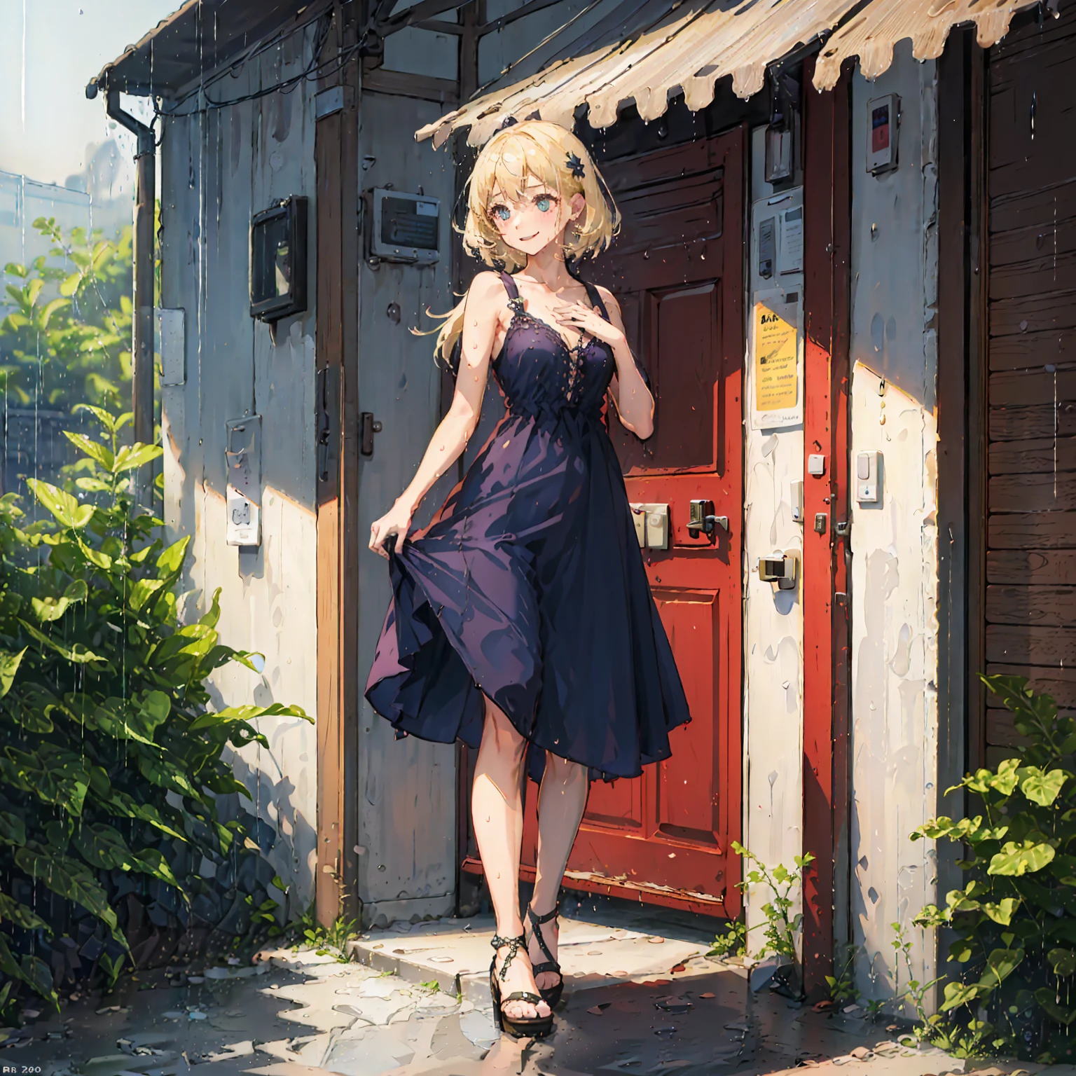 (8k, super high quality, masterpiece), (detailed), One Woman, cute, Small breasts, blonde, Navy Blue Dress, Floral, Hawaiian Dress, Sandals, whole body, rain, Don&#39;t use an umbrella, soaked, Childlike, The best smile, Water Drop, My clothes are wet and shining, 