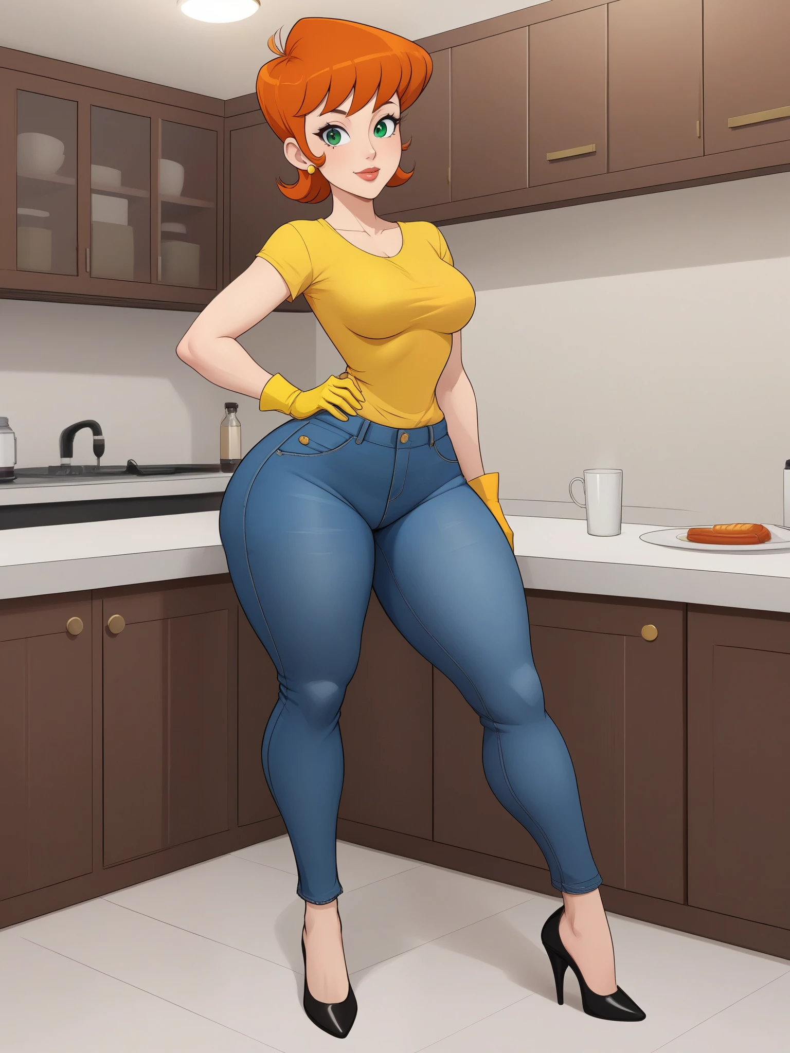 Dexter's mom. short hairstyle. ginger. green eyes. small saggy breasts. huge hips. yellow gloves. shirt. jeans. heels. cafe