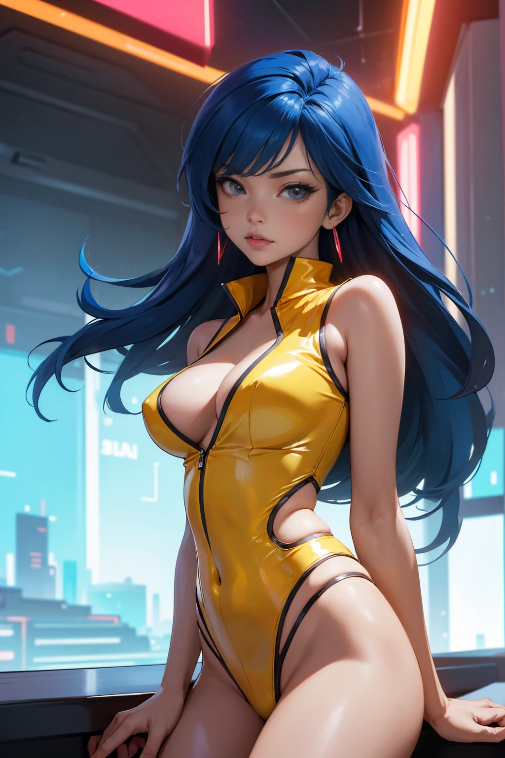 (best quality:1.2,highres,ultra-detailed), detailed face and body of Yuri from The Dirty Pair, stunning Asian beauty, expressive brown eyes, luscious lips, long flowing blue hair, (skimpy yellow outfit), (revealing cleavage), confident and sexy pose, (cyberpunk-inspired city background), neon lights illuminating the scene, vibrant colors, (futuristic and edgy atmosphere), stylish and sleek architecture, dynamic angles and composition, (sci-fi and anime fusion), perfect beauty 