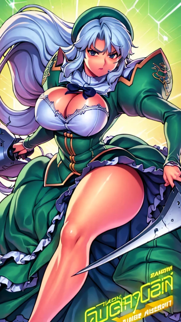 (kim_kwang_hyun) (high detailed)) 27 yo's woman, light cyan hair, Green mini beret, green Pandora's clothes,big And round breasts, gorgeous thicc plump body,angry expression,furious eyes,Green satellizer's outfit,Very long skirt, holding a extremely large weapon, dynamic pose, action position, perfect anatomy