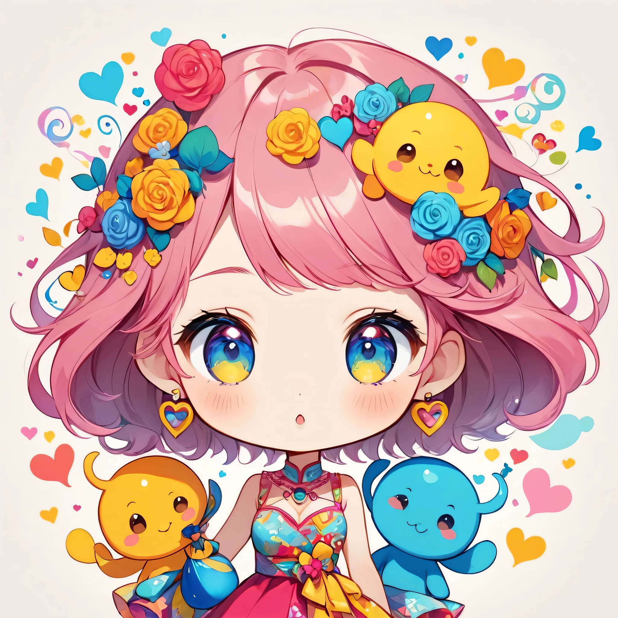 Keith Haring colorfull style, Simple Line Initialism,Abstract art,(((The most beautiful girl of all time))), (((chibi))), Sweet face. colorful hearts, funny design, (((bosom buddy ))), Cute summer clothes, (((Cute Aliens))), The background is space