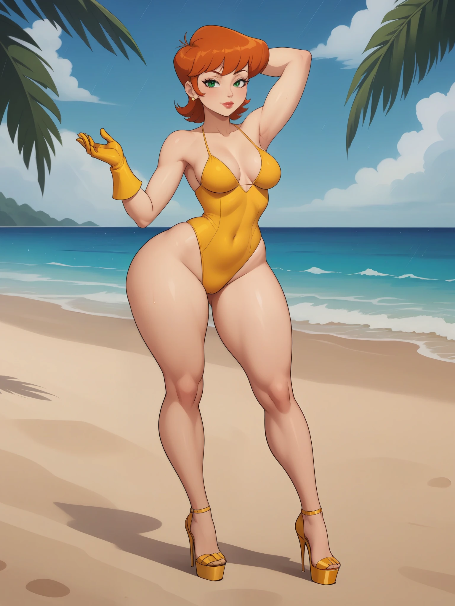 Dexter's mom. short hairstyle. ginger. green eyes. small saggy breasts. huge hips. yellow gloves. swimsuit. heels. beach. rain