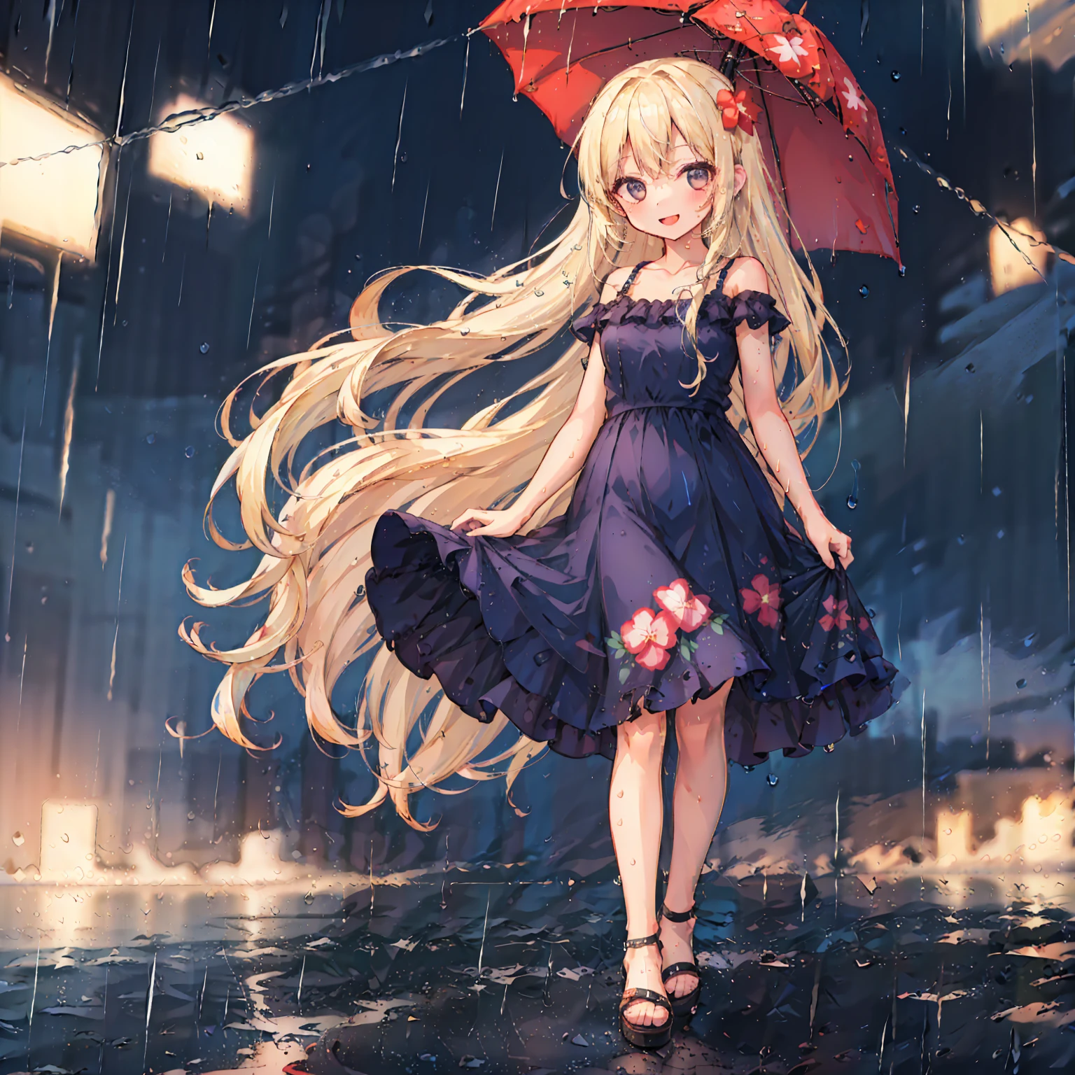 (8k, super high quality, masterpiece), (detailed), One Woman, cute, Small breasts, blonde, Navy Blue Dress, Floral, Hawaiian Dress, Sandals, whole body, rain, Don&#39;t use an umbrella, soaked, Childlike, The best smile, Water Drop, My clothes are wet and shining, 