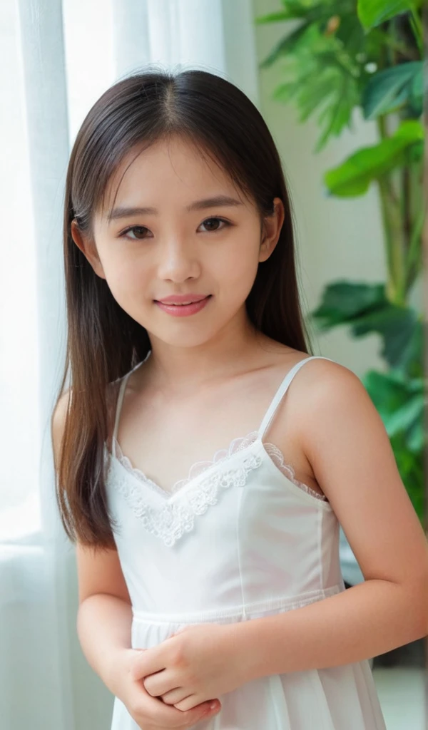 8k, masterpiece, cute, very pretty, Indonesian-Chinese, age 10, ((preteen)), pale skin, Innocent face, cute face, juvenile physique, beautiful body, Calm Eyes, White camisole dress, Her clothes are transparent and her skin is visible, adorable, blushing, pretty, flawless, Anatomically Correct, shy, embarrassed, Looking at the viewer, show off her cuteness