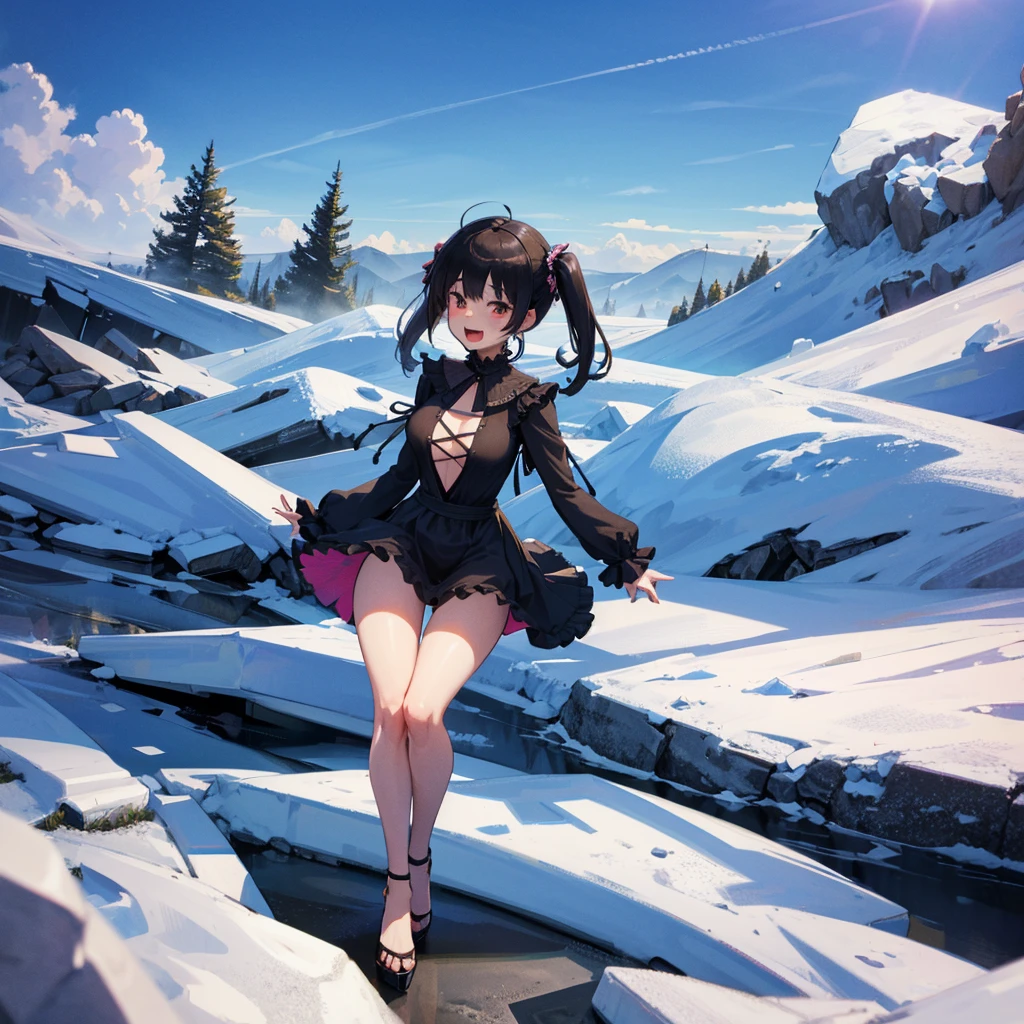 ice field, diamond dust, (solo), (1 skinny girl standing alone), swaying back, BREAK, black hair, (long two side up), red eyes, bursting large breasts, bouncing large breasts, very short torso, skinny narrow waist, skinny legs, BREAK, (frilled black mini dress with frilled long sleeve:1.2), Gothic Lolita, high neck, closing chest, bared legs, thigh gap, stiletto heels, BREAK, (smile for viewer), nose blush, open mouth, orgasm, coverd erectile nipples