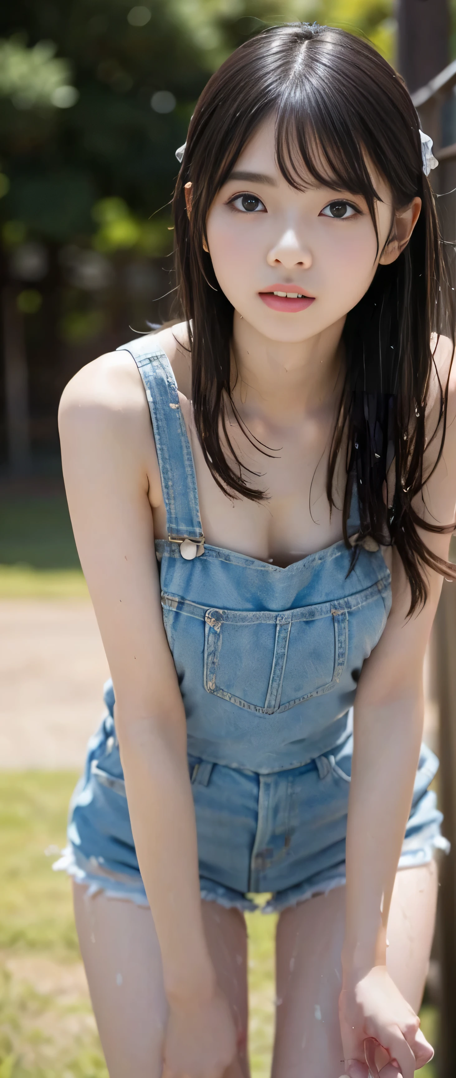 close, 8k,White girl、Background Blur、super high quality、sunlight、Fair-skinned beautiful girl、、Young breasts、Small breasts、Clear contours、Adult atmosphere、High Resolution Skins、Fair and beautiful thighs、Young Face、Innocent face、Use hair accessories to hold your hair together、Remodeled face、Wet lips、Naked in low-rise overalls、Leaning against the ranch fence、My whole body is wet、Healthy legs、Beautiful naked back、Front high angle shot