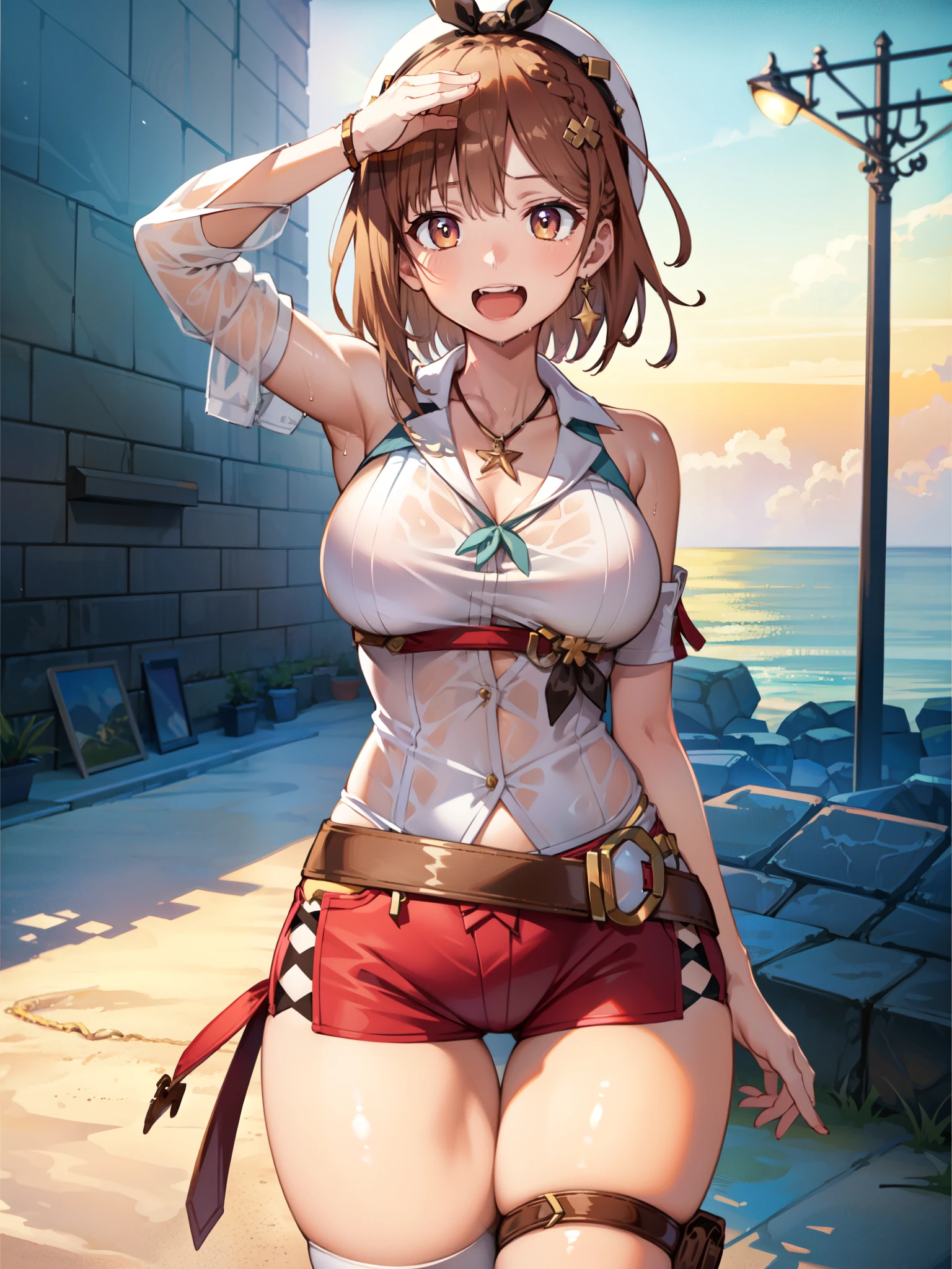 (Armpit Show),Wet,See-through clothing,masterpiece, Best Quality, High resolution, Extremely detailed CG, 2nd Default, Asymmetrical costume design, Bare thighs, belt, chest, teeth, Laughing, Beach