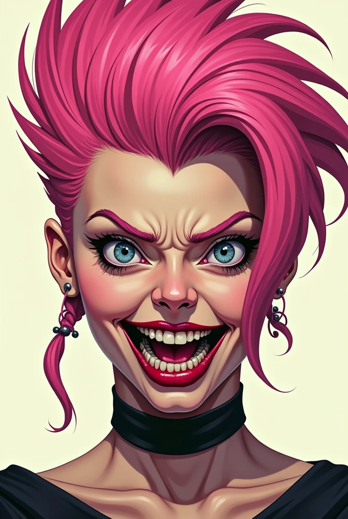 , face paint, hand on breast, gloves, fingerless gloves, nail polish, pink hair, blue hair, red eyes, short hair, multicolored hair, makeup, big boobs, Huge hips and thighs, blood, knife in hand, open creepy smile, big lips
soft face, in a pink and blue tight two-piece bikini with , looking down at you, dog collar, knife