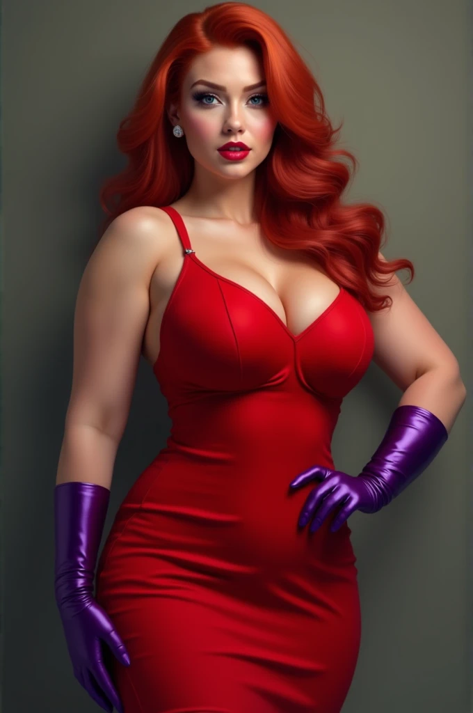 Sexy woman big breasts thick thighs red dress long high heels red gloves long red hair fleshy mouth, TAN STOCKINGS GATHER BELT ON ONE LEG, high heels, sun shiny day 