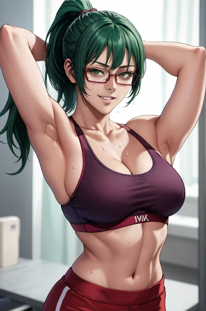 masterpiece, best quality, maki zenin, glasses, sport bra, green hair, ponytail,red pants, looking at viewer, small breasts, upper body, portrait, looking at viewer, parted lips, seductive smile, sweating, arms up, detailed armpits, cleavage