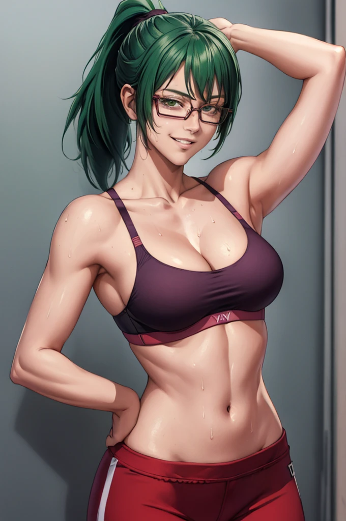 masterpiece, best quality, maki zenin, glasses, sport bra, green hair, ponytail,red pants, looking at viewer, small breasts, upper body, portrait, looking at viewer, parted lips, seductive smile, sweating, arms up, detailed armpits, cleavage