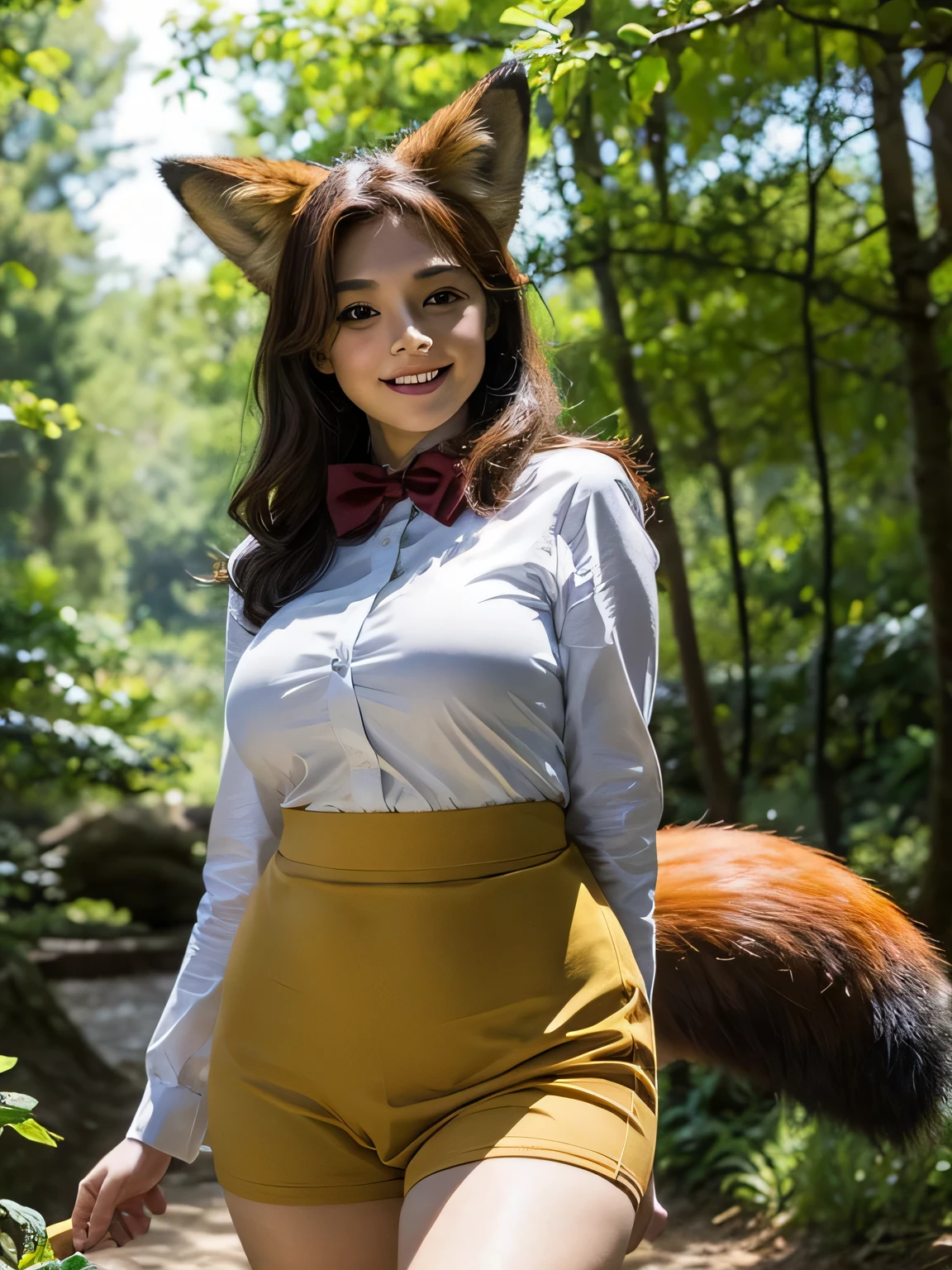 ((Best Quality, 8k)), ((masterpiece)), (Highest Resolution), Perfect Face, Fox-eared woman, Female college student, Beautiful woman, It was taken in the forest, Only one tail, She has thick thighs, Her big fox tail, Her fox tail is yellow, She wags her tail, Fur Collar, She wears a maid outfit, Ample breasts, Big Hips , Her fox tail is sticking out, smile