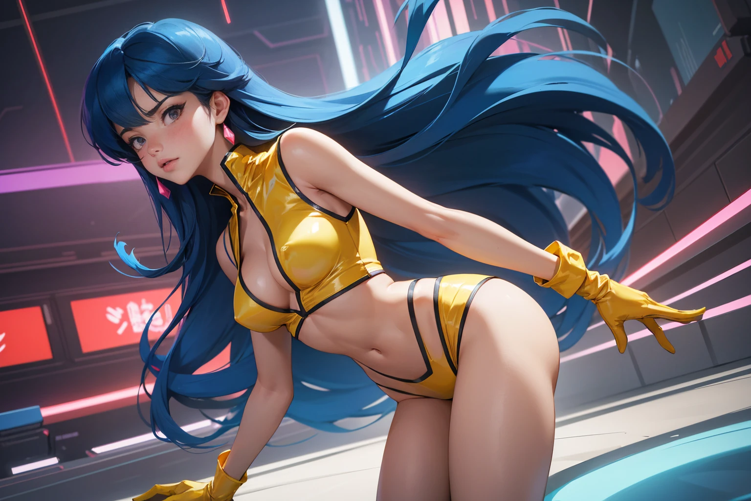 (best quality:1.2,highres,ultra-detailed), detailed face and body of Yuri from The Dirty Pair, stunning Asian beauty, expressive brown eyes, luscious lips, long flowing blue hair, (skimpy yellow outfit), (revealing cleavage), confident and sexy pose, (cyberpunk-inspired city background), neon lights illuminating the scene, vibrant colors, (futuristic and edgy atmosphere), stylish and sleek architecture, dynamic angles and composition, (sci-fi and anime fusion), perfect beauty 