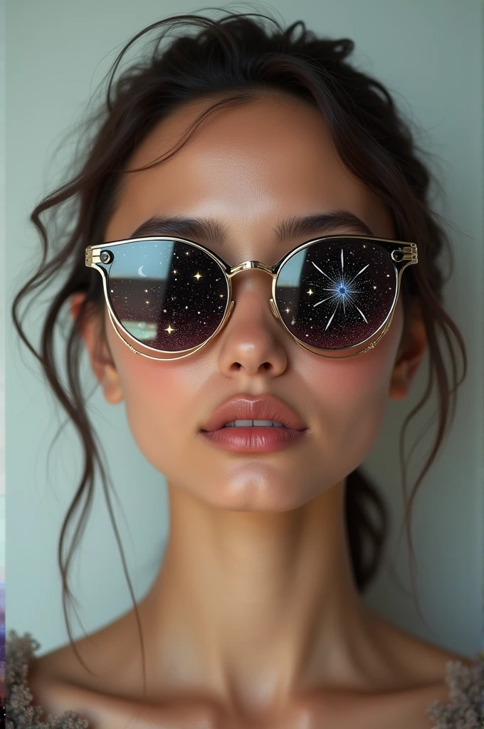 The nude model is wearing glass sunglasses with stars and the moon on the glass